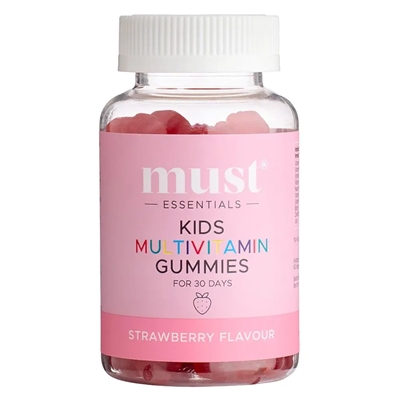 Klar flaske med røde vingummier, pink etiket: "Kids Multivitamin Gummies", "Strawberry Flavour".