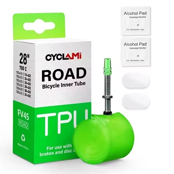 Bleg grøn cykelslange 700 x 18-32C, 45mm ventil. Inkl. emballage og alkoholpuder.