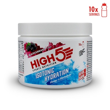 Hvid beholder med High5 Isotonic Hydration, solbærsmag. "10x servings" ikon øverst til højre.