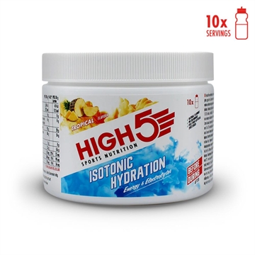 Beholder af High5 Isotonic Hydration med tropisk smag, viser 10 portioner og ernæringsoplysninger.