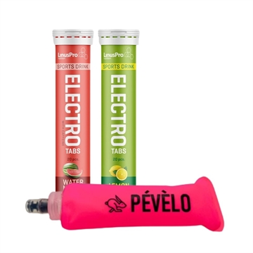To rør med elektrolyt-tabletter, smagene "Water" og "Lemon," og en pink PÉVÈLO-flaske.