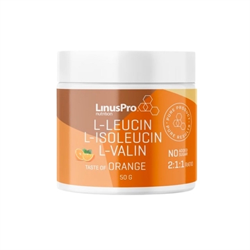 LinusPro Pure BCAA beholder med appelsinsmag, 50g. Ingredienser: L-Leucin, L-Isoleucin, L-Valin.