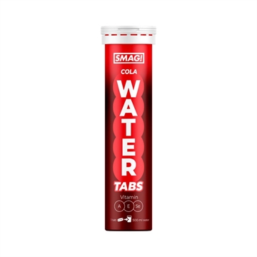 Cylindrisk rød beholder "SMAG! Water Tabs" med cola-smag. Indeholder 20 tabs, vitaminer A, E, C.