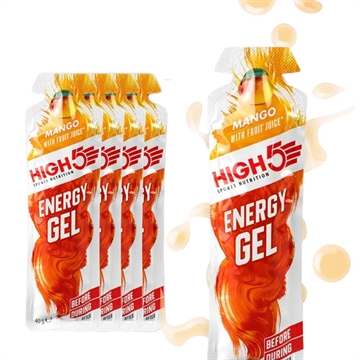 Flere pakker High5 Energi Gel med mango-smag, mærket "Energy Gel" og "with fruit juice."
