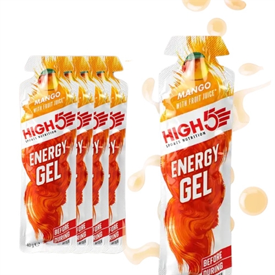 Flere pakker High5 Energi Gel med mango-smag, mærket "Energy Gel" og "with fruit juice."