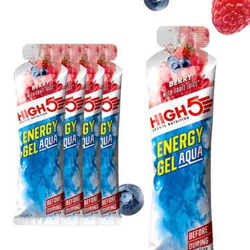 High5 Energy Gel Aqua, bærsmag. 5 pakker med blåbær og hindbær. Brug før eller under aktivitet.
