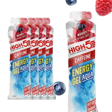 Fem pakker High5 Aqua Gel Plus med bærsmag, koffein, blåbær og hindbær. Brug før, under, efter.