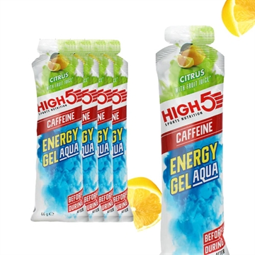High5 Energy Gel Aqua, citrus smag, 5 pakker, 30 mg koffein, med citronbilleder.