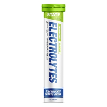 Grønhvid tube "STATE Electrolytes" med blå tekst, lemon/lime-smag, 20 tabletter.