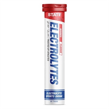 Beholder med rødt låg, mærket "STATE Electrolytes", smag "Berries", indeholder 20 tabletter.