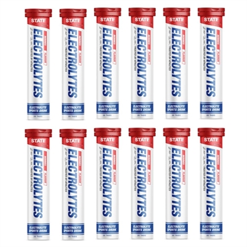 Tolv røde og hvide rør med "STATE Electrolytes" bærsmag.