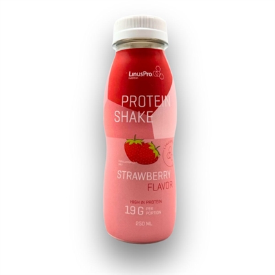 LinusPro Protein Shake med jordbærsmag, 19g protein pr. portion, 250ml flaske, rød etiket med jordbær.