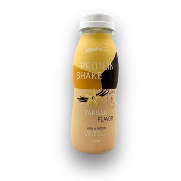 LinusPro Protein Shake vaniljesmag, 19 g protein per 250 ml, flaske med vaniljemotiv.