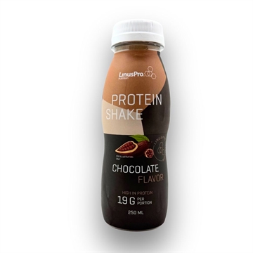 Flaske med LinusPro Protein Shake, chokolade, 19g protein pr. portion, 250ml.