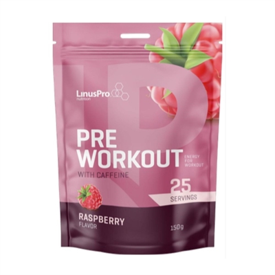 Linus Pro PWO Raspberry 150g. Pink emballage, hindbærmotiv, smag af hindbær, pre-workout produkt.