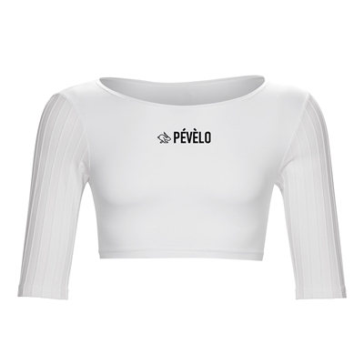 Hvid, kort base layer med ribbede ærmer og "PÉVÈLO" logo på brystet.