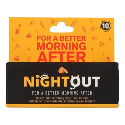 Sort og orange pakning, "NightOut" logo, "FOR A BETTER MORNING AFTER" tekst, appelsinikon.