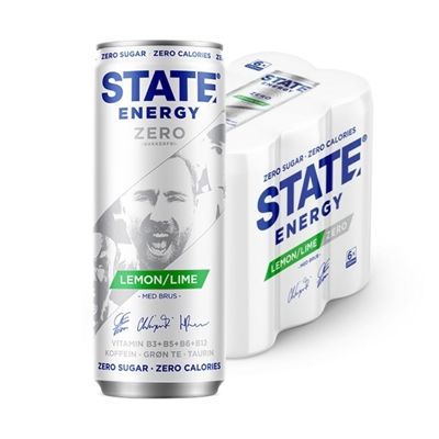 STATE Energy Lemon & Lime Zero dåse og 6-pack, sukkerfri, kaloriefri, med vitaminer og koffein.