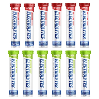 Rør med "STATE Electrolytes" i røde og grønne farver. Tekst: "Electrolytic Sports Drink."
