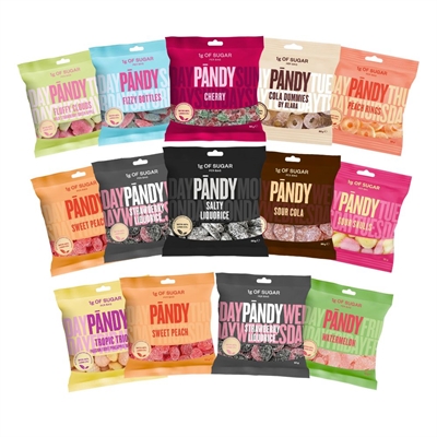 Pandy Candy 14-pakning med forskellige smagsvarianter i farverige poser, inkl. lakrids og frugt.