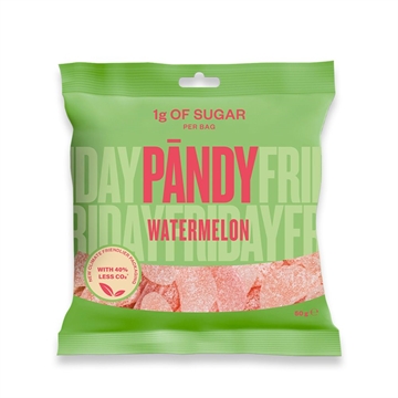 Grøn pose med "Pandy Watermelon", lyserød tekst, gennemsigtig sektion, 1g sukker pr. pose, 50g.