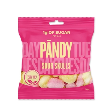 Pandy Candy - Sour Skulls i pink pose, 1g sukker/pose, 40% mindre CO₂, farverige kranier.