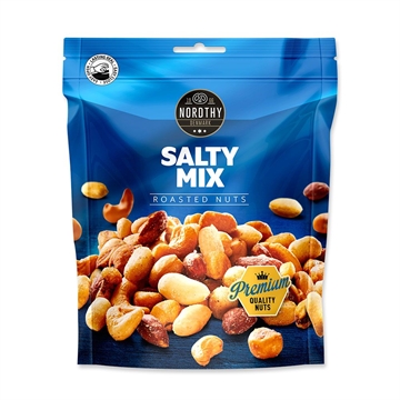 Nordthy Salty Mix nødder i blå pose, 150g, med tekst "Premium Quality Nuts".