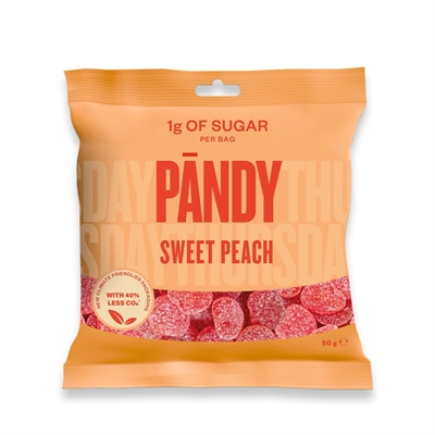 Orange pose med rødt "Pandy Sweet Peach", ferskenfarvede slik, 1g sukker pr. pose.