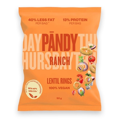 Orange pose med Pandy Ranch Linse-ringe. 40% mindre fedt, 13% protein, 100% vegansk.