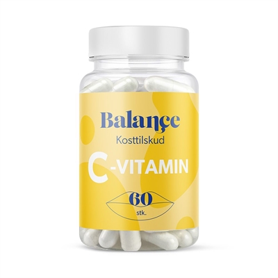 Gennemsigtig bøtte med Balance Vitamin C kosttilskud, mærket "C-VITAMIN", indeholder 60 stk.