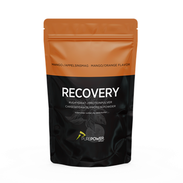 Sort og orange pose med PurePower Recovery Pulver, mango-appelsin smag, 400g.