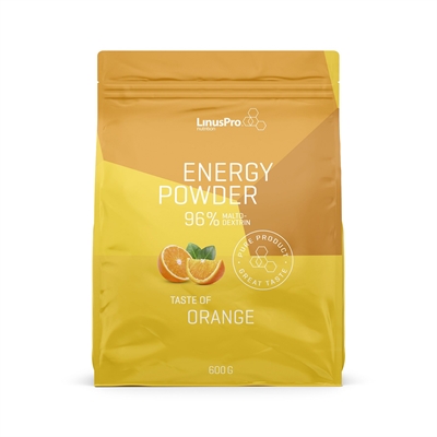 LinusPro Energy Powder i orange-gul pose. Smag: Orange. Produktnavn tydeligt vist. 600 g.