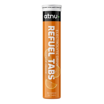 Orange cylinderformet tube med "ATNU Refuel," appelsinsmag, 20 tabletter, 84 gram.