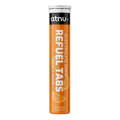 Orange cylinderformet tube med "ATNU Refuel," appelsinsmag, 20 tabletter, 84 gram.