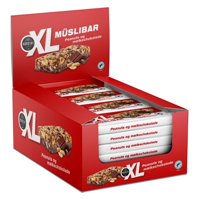 Rød Nordthy displayboks med XL Müsli Bars, peanuts og mælkechokolade, 24 x 50g.