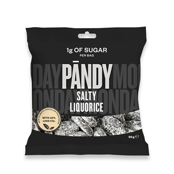 Sort pose Pandy Candy Salty Liquorice, 50g. Tekst i hvid og blå. Gennemsigtig sektion viser slik.