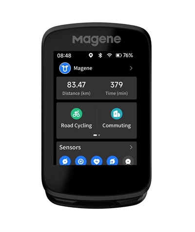 Magene C606 cykelcomputer med touchscreen viser distance, tid, cykeltilstande og WiFi/Bluetooth ikoner.