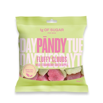 Pandy Candy Fluffy Clouds, lysegrøn pose, pink tekst, 50g, skyslik, vilde jordbær/grøn æble.