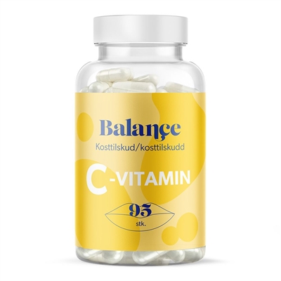 Klar beholder med 95 C-vitamin tabletter. Gul etiket med teksten "Balance" og "C-VITAMIN".