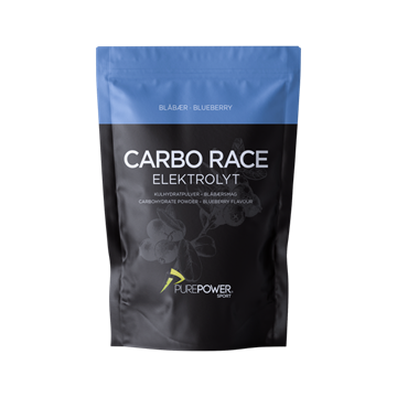 PurePower Carbo Race Elektrolyt, blåbærsmag, 1 kg pose med sort og blå design.