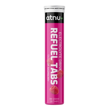 Pink rør med "ATNU Refuel Electrolyte Raspberry", billeder af hindbær, 20 tabletter.