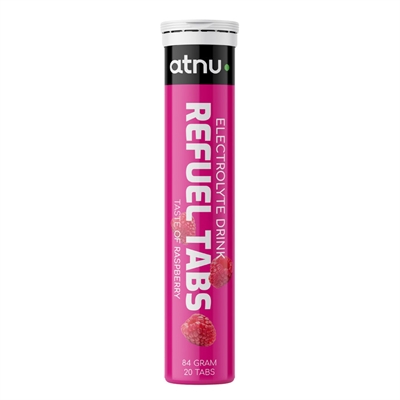 Pink rør med "ATNU Refuel Electrolyte Raspberry", billeder af hindbær, 20 tabletter.