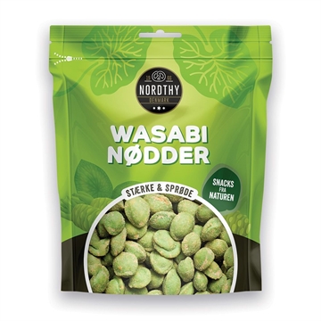 Grøn pose med Nordthy Wasabi Nødder, 120g. Tekst: "STÆRKE & SPRØDE", "SNACKS TIL NATURER".