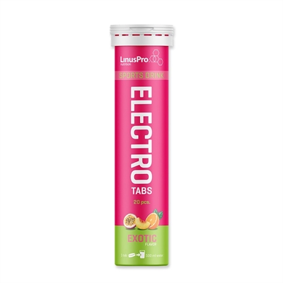 Pink tube med "ELECTRO" tekst, 20 elektrolyttabletter, eksotisk smag med tropiske frugtbilleder.