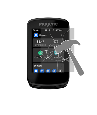 Magene C606 cykelcomputer med skærmbeskytter og grafik af knust glas og hammer.