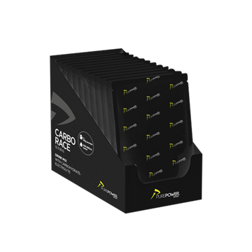 Displayboks med PurePower Carbo Race Electrolyte-poser, produktnavn og logo tydeligt synlige.