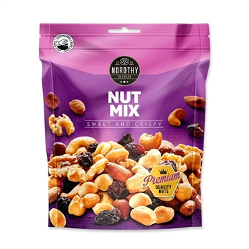 Pose med Nordthy Premium Nødder, 150g. Lilla design, "Sweet and Crispy," "Premium Quality Nuts."