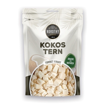 Pakke med Nordthy Kokostern, terningformet tørret kokos. Tropisk design, 100g tørret frugt.