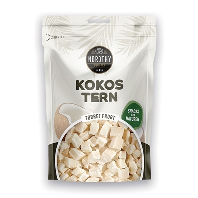 Pakke med Nordthy Kokostern, terningformet tørret kokos. Tropisk design, 100g tørret frugt.