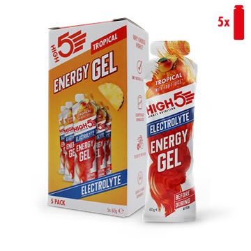 High5 Energy Gel Electrolyte 5-pak med tropisk smag. Pakke og enkelt gelpose vist.